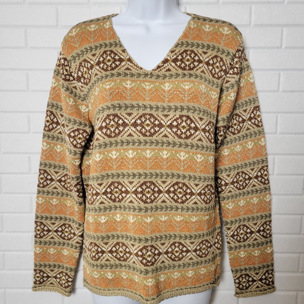 Vtg 1990s Lauren Ralph Lauren Sweater Medium Orange Fair Isle V-Neck Rayon Knit